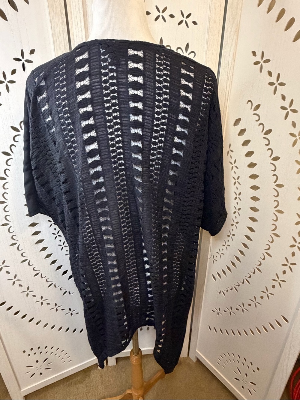 Black Kimono Coverup With Crochet Back Panel